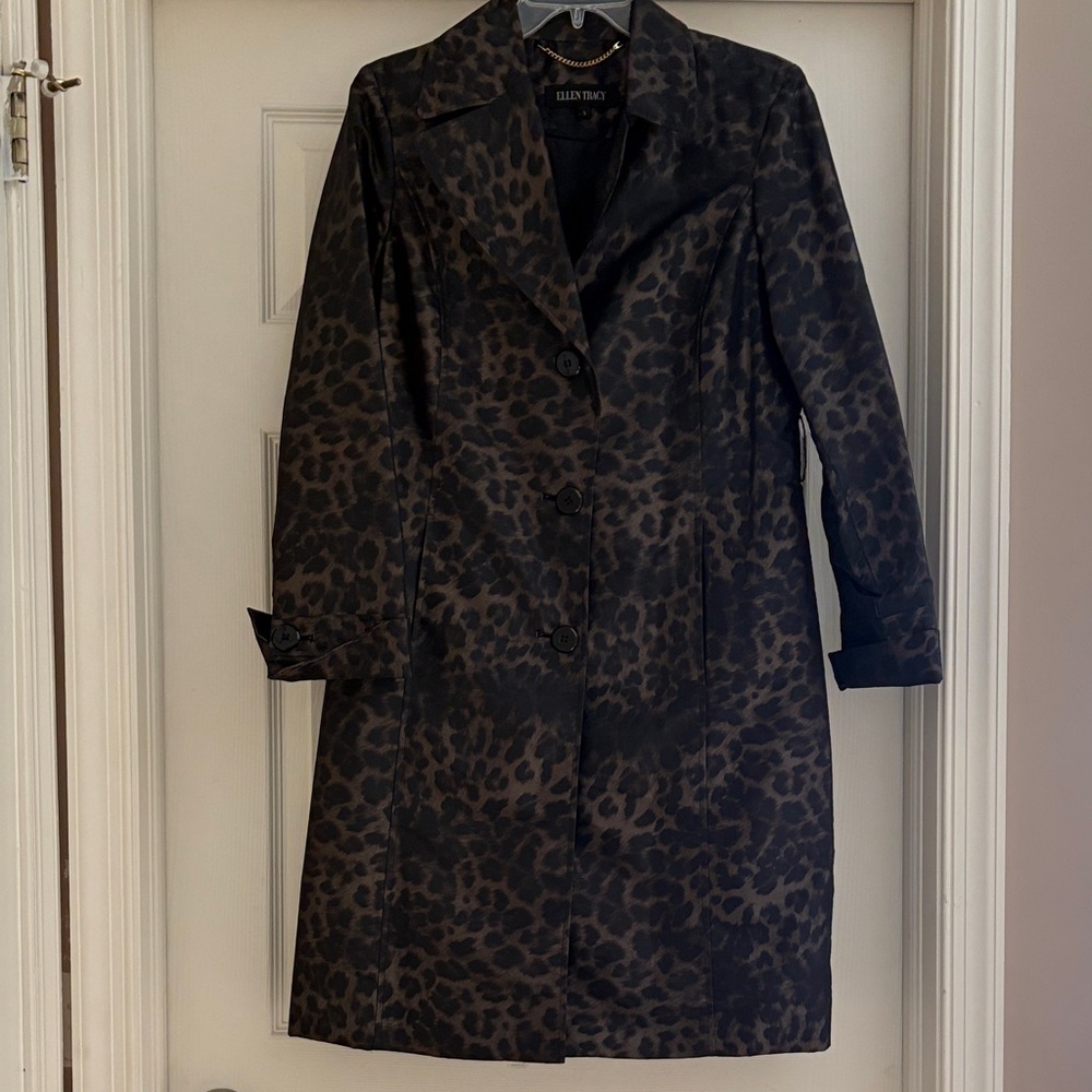 Ellen Tracy Black and Brown Leopard Trench Coat